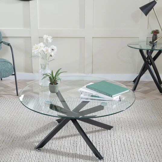 Ravenna Glass Round Coffee Table with Black Metal Chopstick Legs