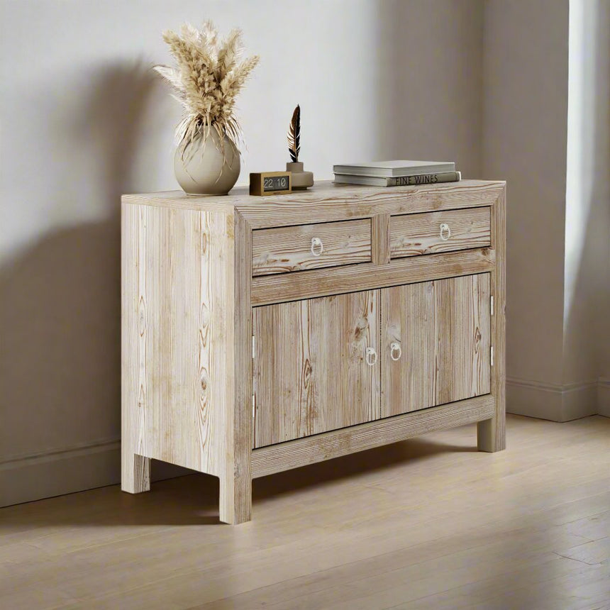 Reclaimed Wood Whitewash 95cm Small Sideboard -  2 Doors