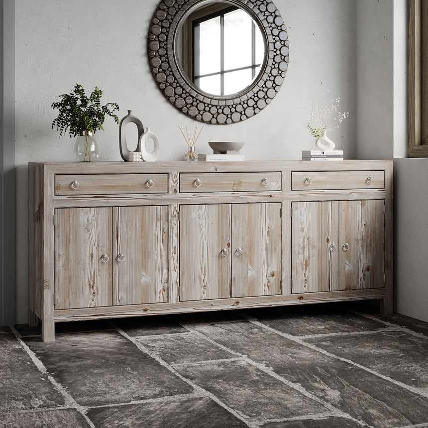 Reclaimed Wood Whitewash 205cm Large Sideboard - 6 Doors