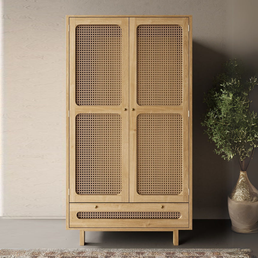 Canosa Wood and Rattan 1 Drawer Combi Wardrobe - 2 Doors