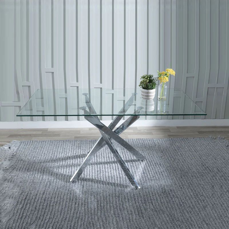 Rimini Glass 6 Seater Dining Table with Chrome Metal Chopstick Legs