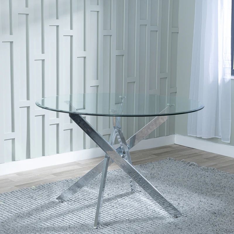 Rimini Glass 4 Seater Round Dining Table with Chrome Metal Chopstick Legs