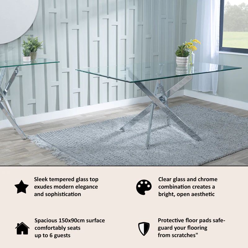 Rimini Glass 6 Seater Dining Table with Chrome Metal Chopstick Legs