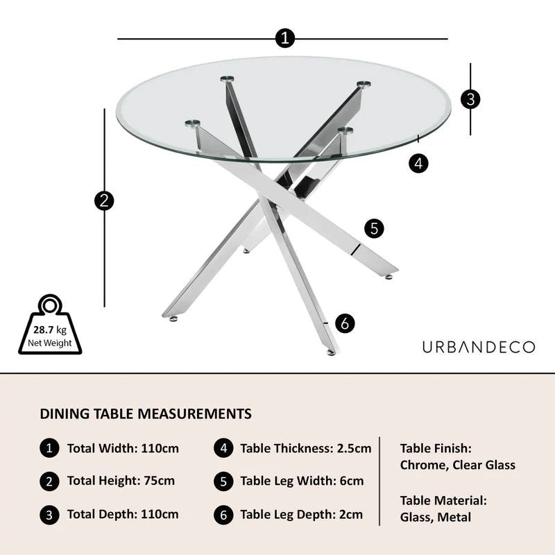 Rimini Glass 4 Seater Round Dining Table with Chrome Metal Chopstick Legs