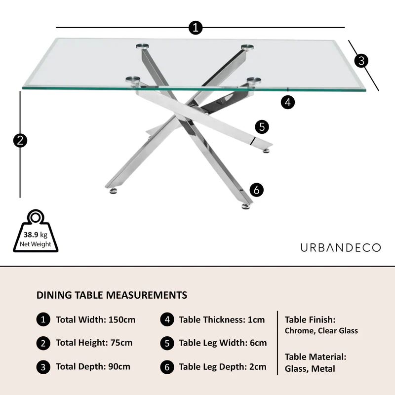 Rimini Glass 6 Seater Dining Table with Chrome Metal Chopstick Legs