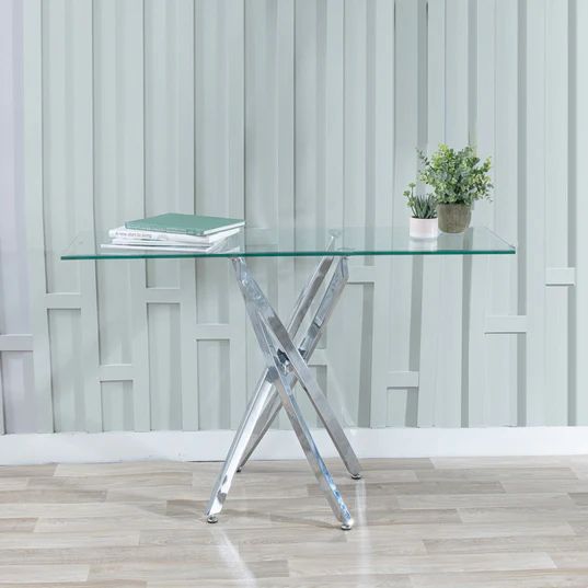 Rimini Glass Console Table with Chrome Metal Chopstick Legs