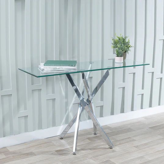 Rimini Glass Console Table with Chrome Metal Chopstick Legs