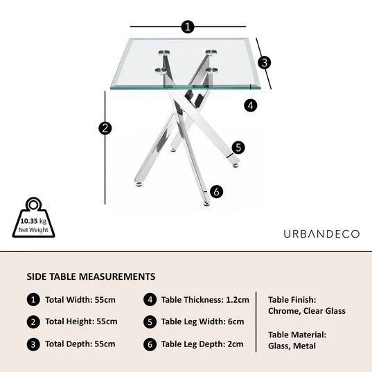 Rimini Glass Square Side Table with Chrome Metal Chopstick Legs