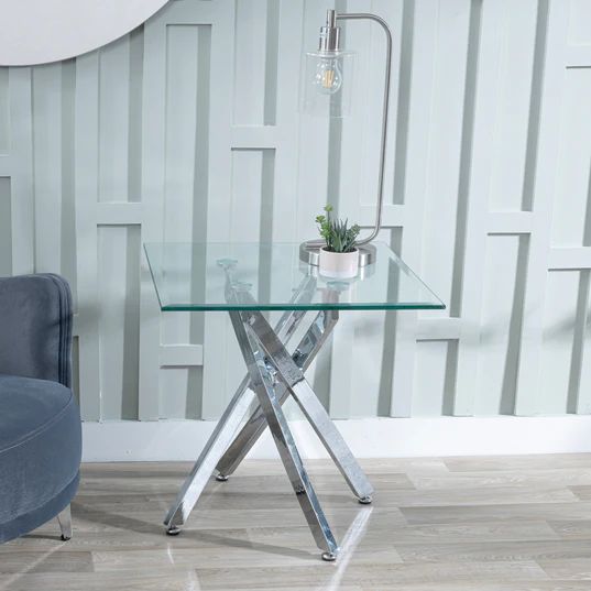 Rimini Glass Square Side Table with Chrome Metal Chopstick Legs