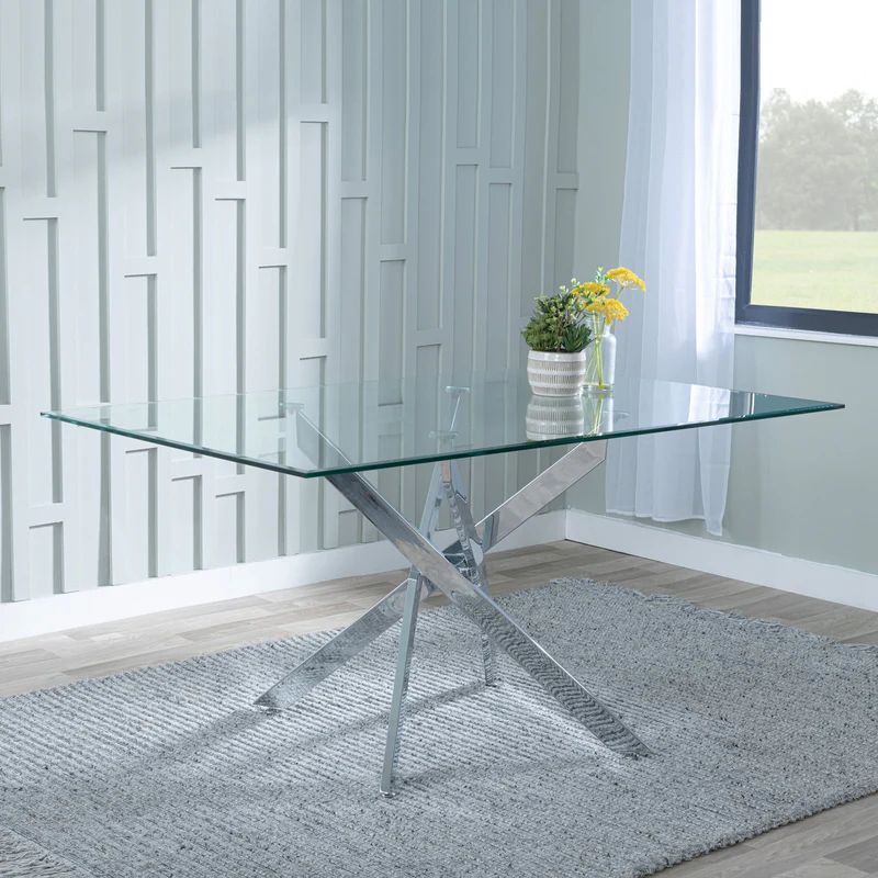 Rimini Glass 6 Seater Dining Table with Chrome Metal Chopstick Legs