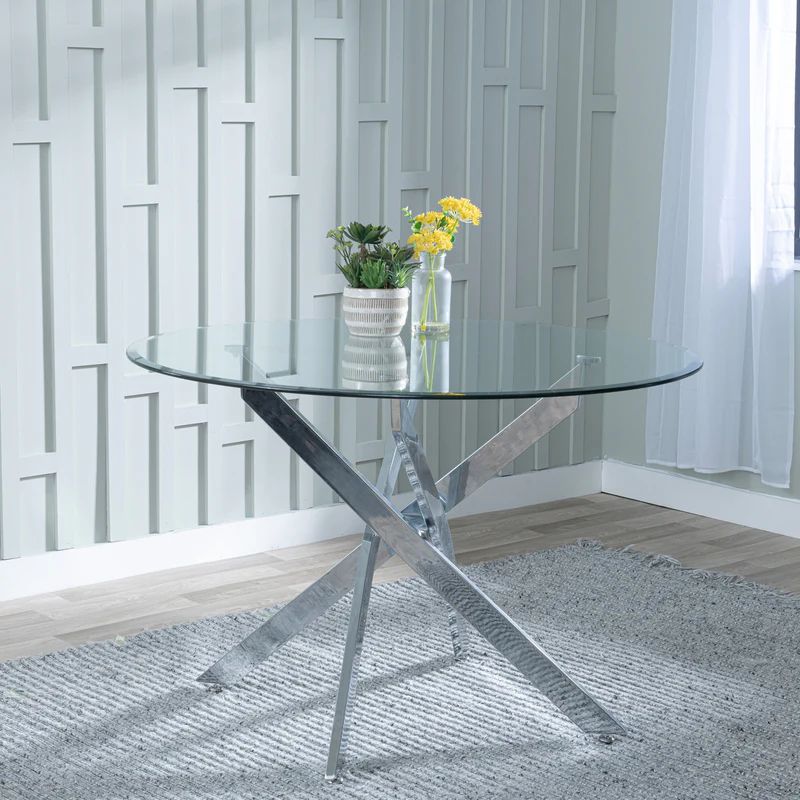 Rimini Glass 4 Seater Round Dining Table with Chrome Metal Chopstick Legs