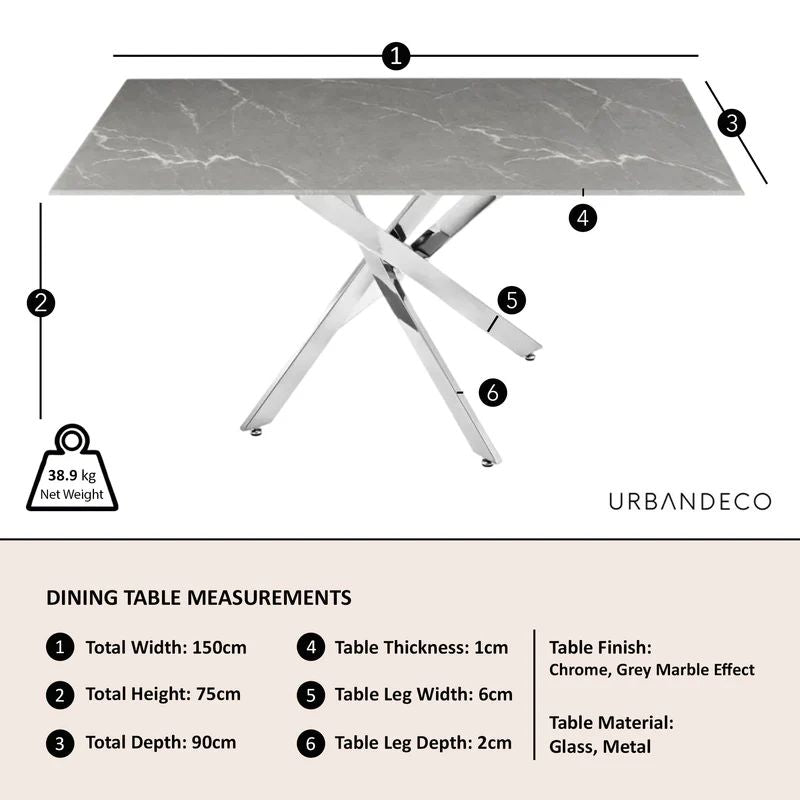 Rimini Glass 6 Seater Dining Table with Chrome Metal Chopstick Legs