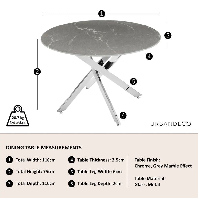 Rimini Glass 4 Seater Round Dining Table with Chrome Metal Chopstick Legs