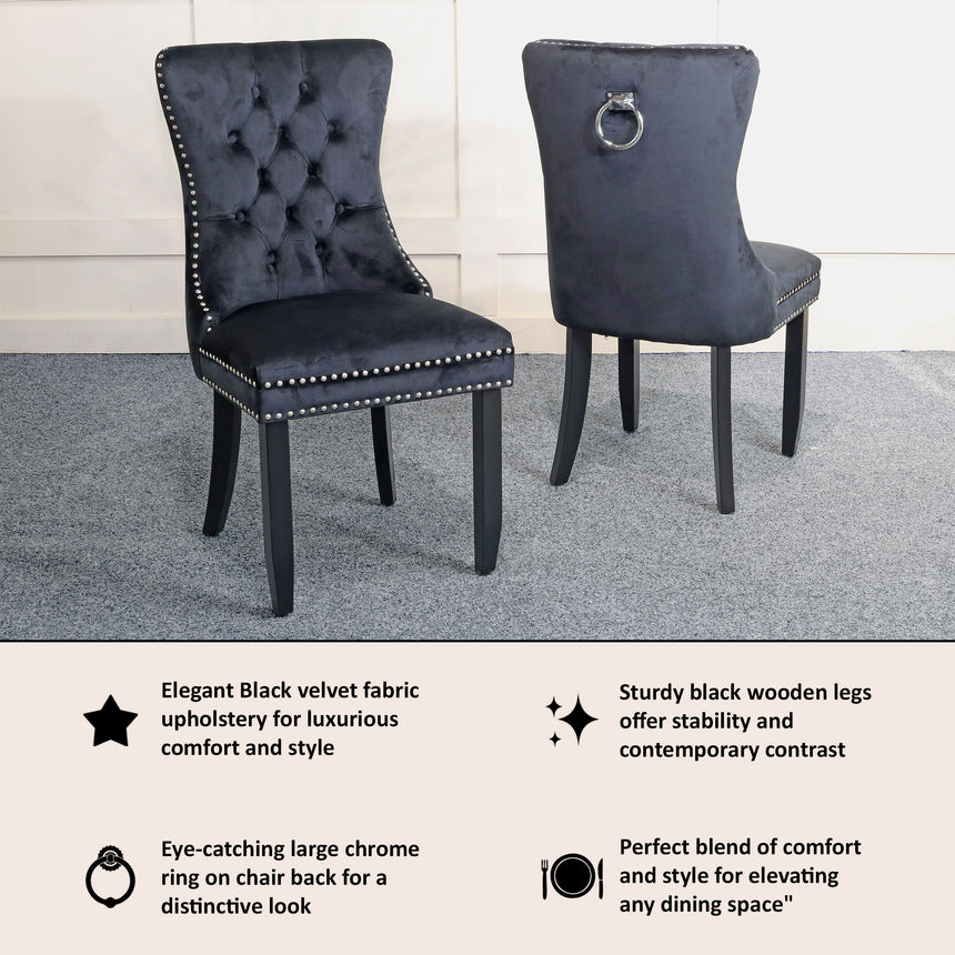 Set of 2 Trion Knocker Back Velvet Fabric Dining Chair with Black Wooden Legs