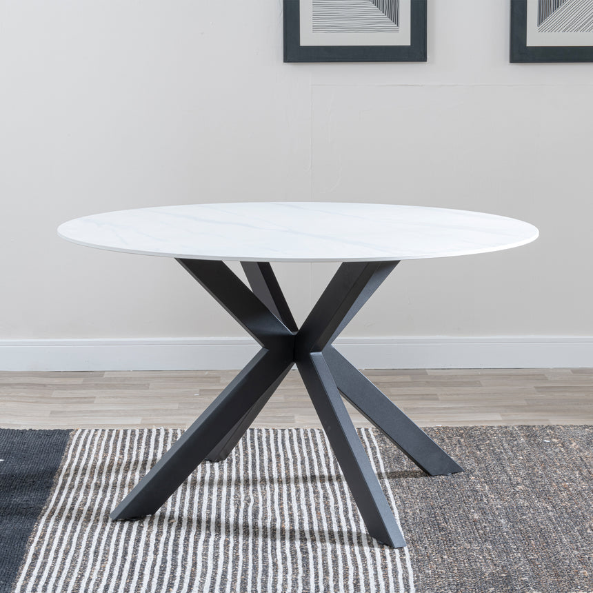 Rosine 130cm White Ceramic Round Dining Table with Black Cross Base