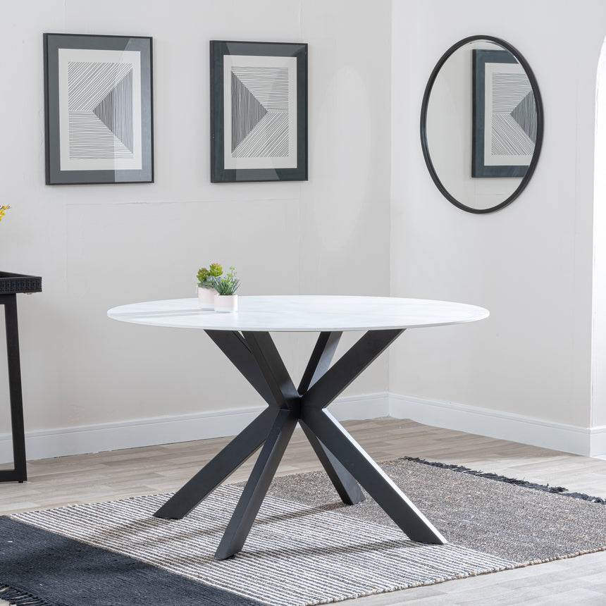 Rosine 130cm White Ceramic Round Dining Table with Black Cross Base