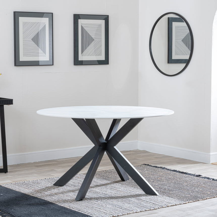 Rosine 130cm White Ceramic Round Dining Table with Black Cross Base