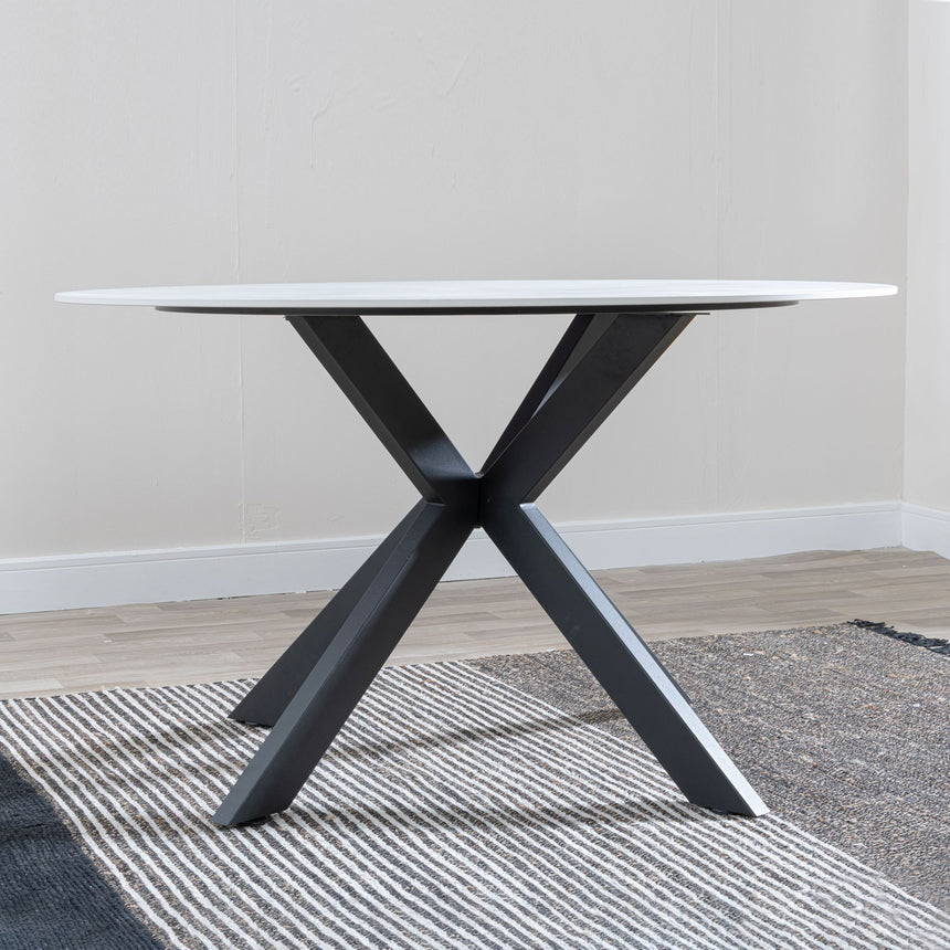 Rosine 130cm White Ceramic Round Dining Table with Black Cross Base