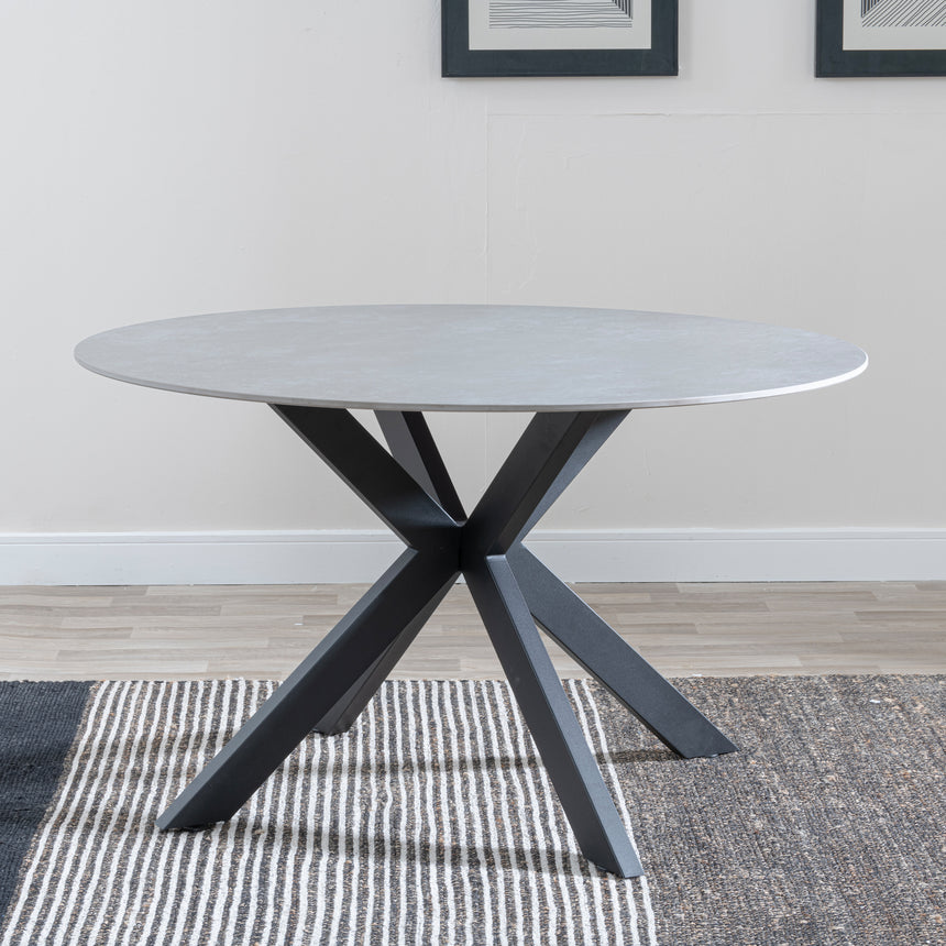 Rosine 130cm Grey Ceramic Round Dining Table with Black Cross Base