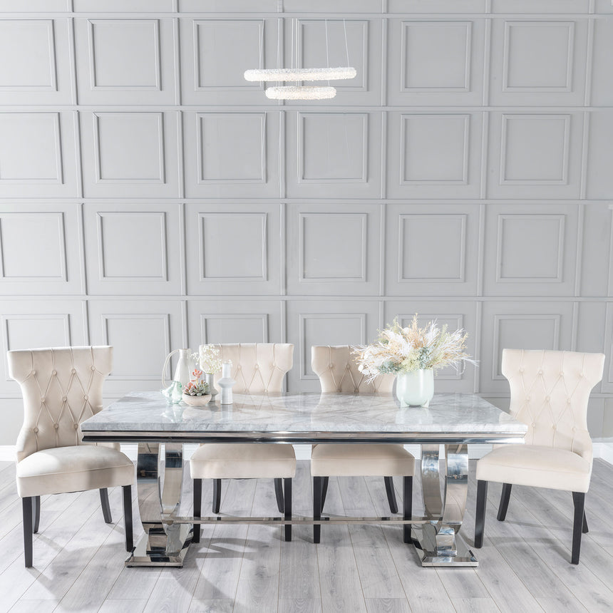 Sanremo Grey Marble and Chrome Dining Set - Brixen Champagne Fabric Chairs