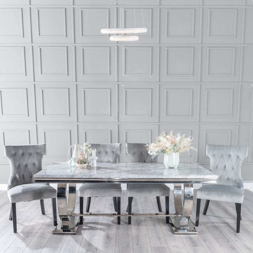 Sanremo Grey Marble and Chrome Dining Set - Brixen Champagne Fabric Chairs