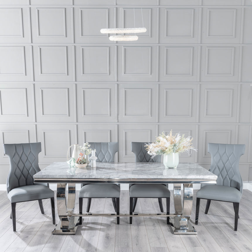 Sanremo Grey Marble and Chrome Dining Set - Parish Grey Faux Leather Chairs