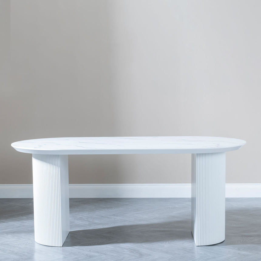 Pavia 6 Seater White Marble Effect Oval Dining Table - Fluted Base