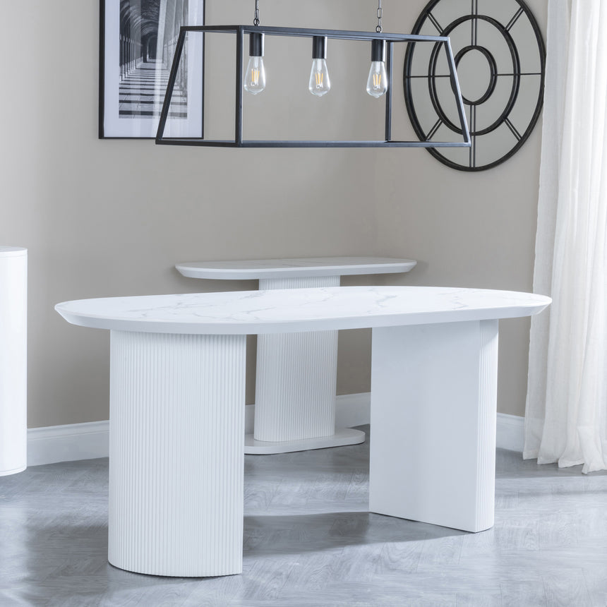 Pavia 6 Seater White Marble Effect Oval Dining Table - Fluted Base