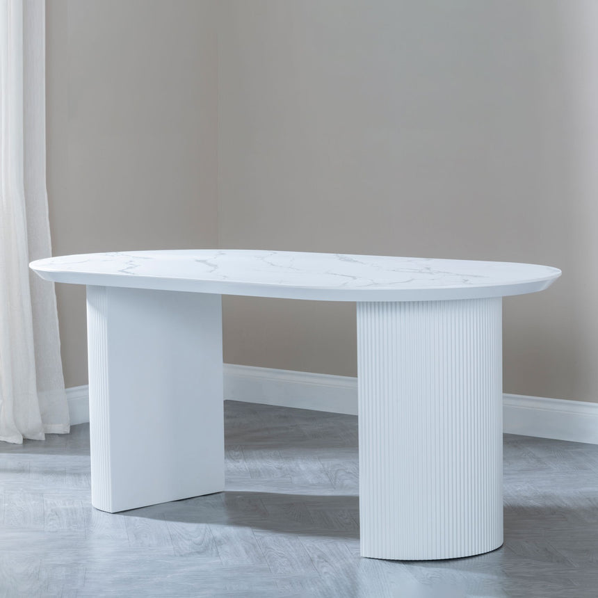 Pavia 6 Seater White Marble Effect Oval Dining Table - Fluted Base