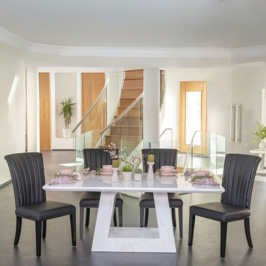 Pesaro Marble Dining Table Set, Rectangular White Top and Triangular Pedestal Base with Milazzo Black Faux Leather Chairs