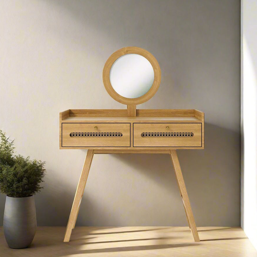 Canosa Wood and Rattan Dressing Table with Mirror - 2 Drawers