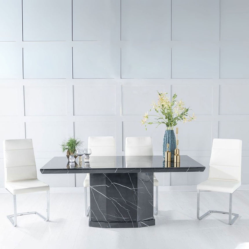 Tortona Marble Dining Table Set, Rectangular Black Top and Pedestal Base with Catania Cream Faux Leather Chairs