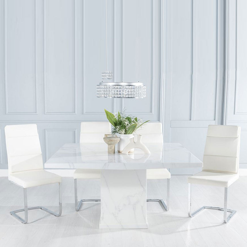 Giovanni Marble Dining Table, Square White Top and Pedestal Base with Catania Cream Faux Leather Chairs