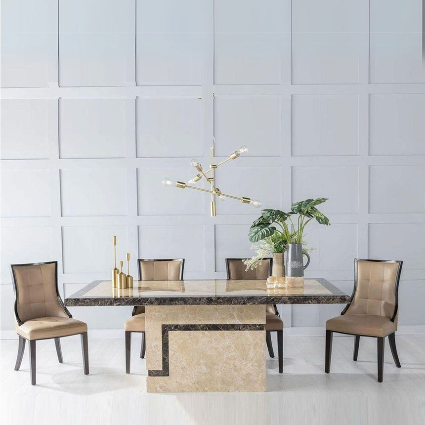 Taranto Cream Marble Dining Set - Sandia Taupe Faux Leather Chairs