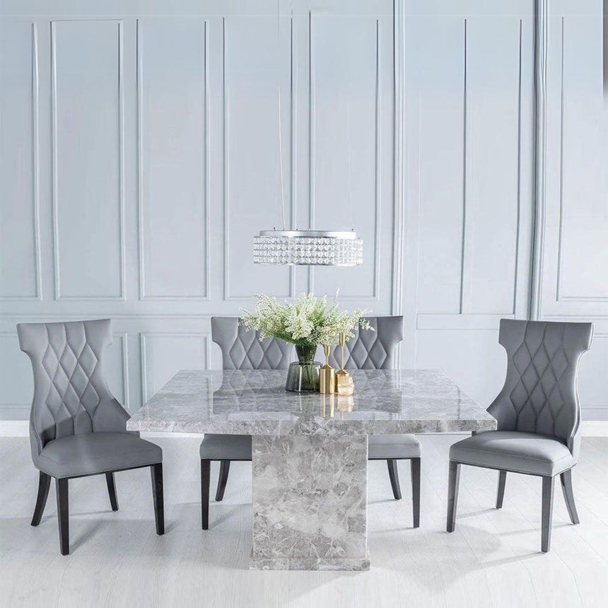 Ruvo 140cm Square Grey Marble Dining Set - Parish Grey Faux Leather Chairs