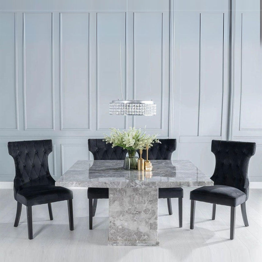 Ruvo 140cm Square Grey Marble Dining Set - Brixen Black Fabric Chairs