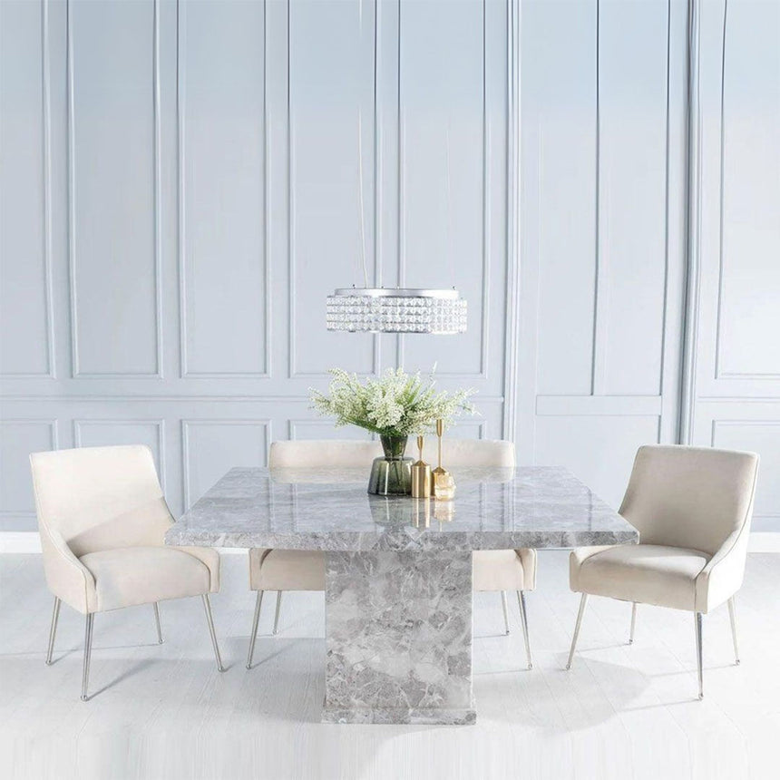 Ruvo 140cm Square Grey Marble Dining Set - Terni Champagne Fabric Chairs