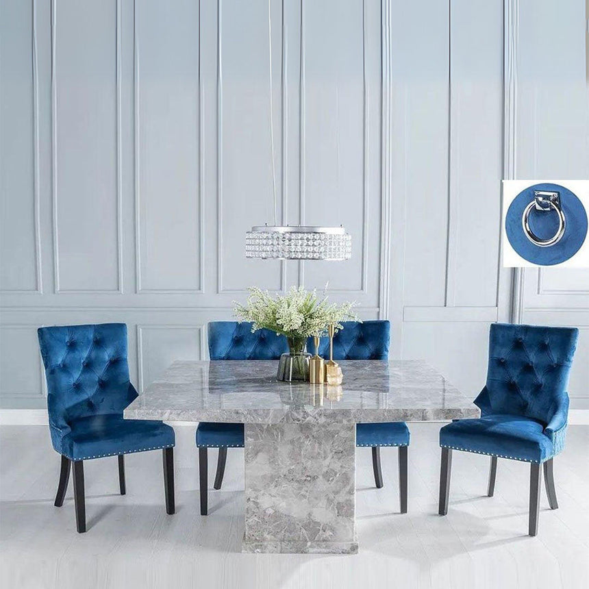 Ruvo 140cm Square Grey Marble Dining Set - Blue Fabric Knocker Back Chairs with Black Legs