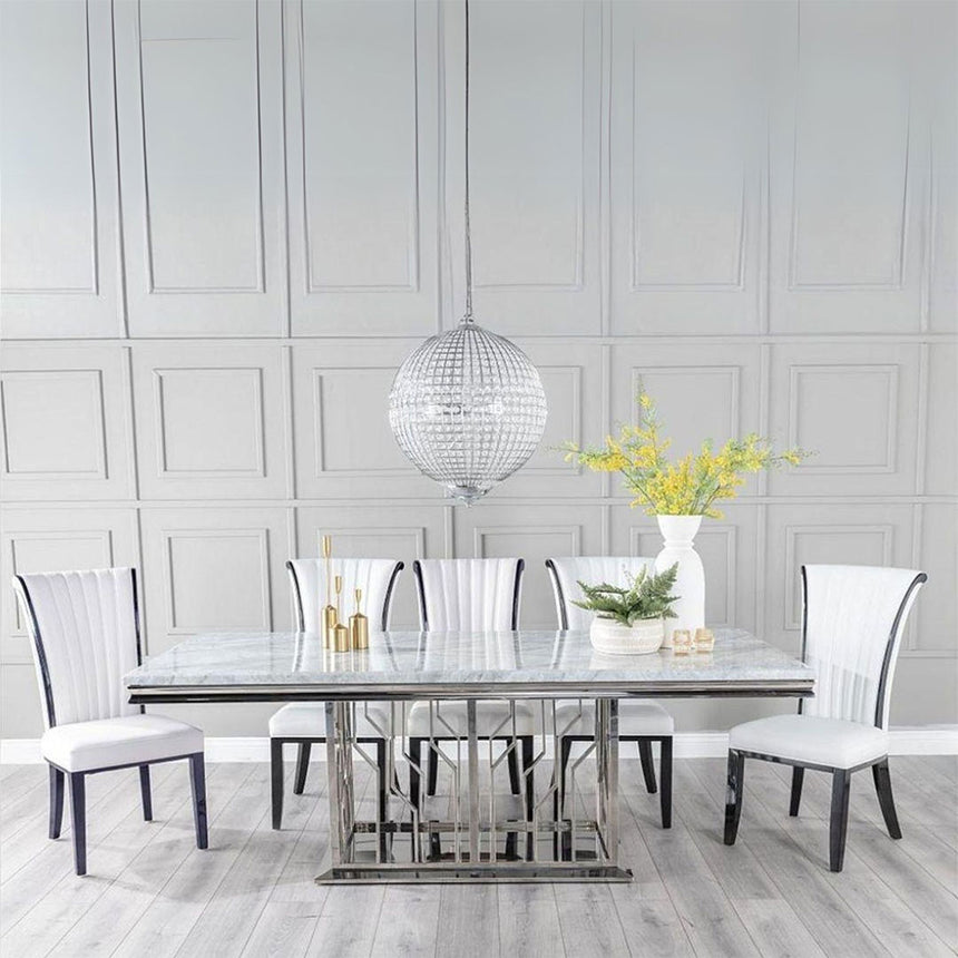 Sardinia Grey Marble and Chrome Dining Set - Milazzo White Faux Leather Chairs