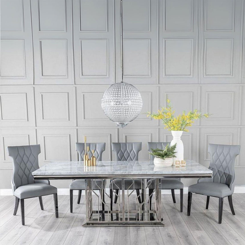 Sardinia Grey Marble and Chrome Dining Set - Parish Grey Faux Leather Chairs