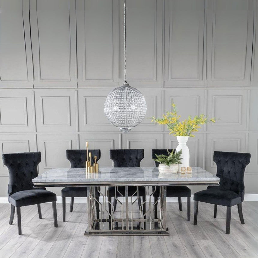 Sardinia Grey Marble and Chrome Dining Set - Brixen Black Fabric Chairs