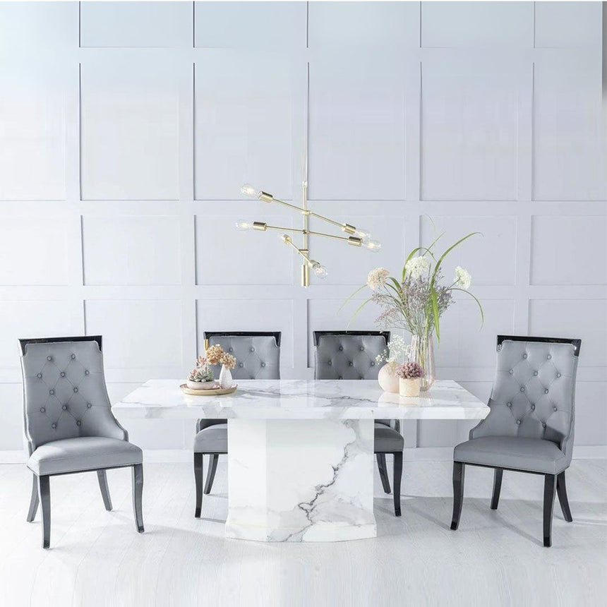 Turin White Marble Dining set - Modica Grey Faux Leather Chairs