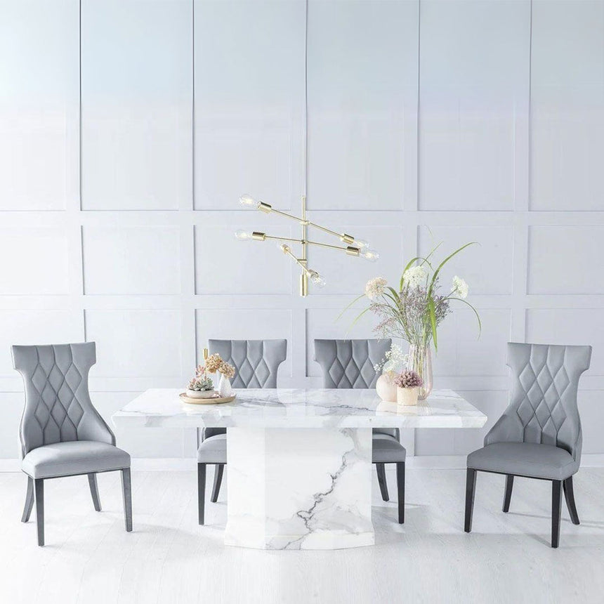 Turin White Marble Dining set - Parish Grey Faux Leather Chairs