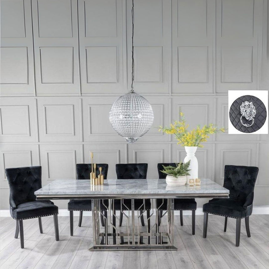 Sardinia Grey Marble and Chrome Dining Set - Black Fabric Lion Knocker Back Chairs