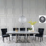 Sardinia Grey Marble and Chrome Dining Set - Fabric Lion Knocker Back Chairs