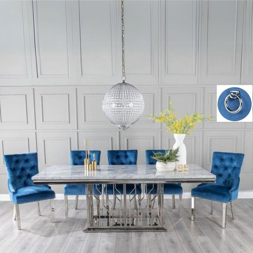 Sardinia Grey Marble and Chrome Dining Set - Blue Fabric Knocker Back Chairs with Chrome Legs