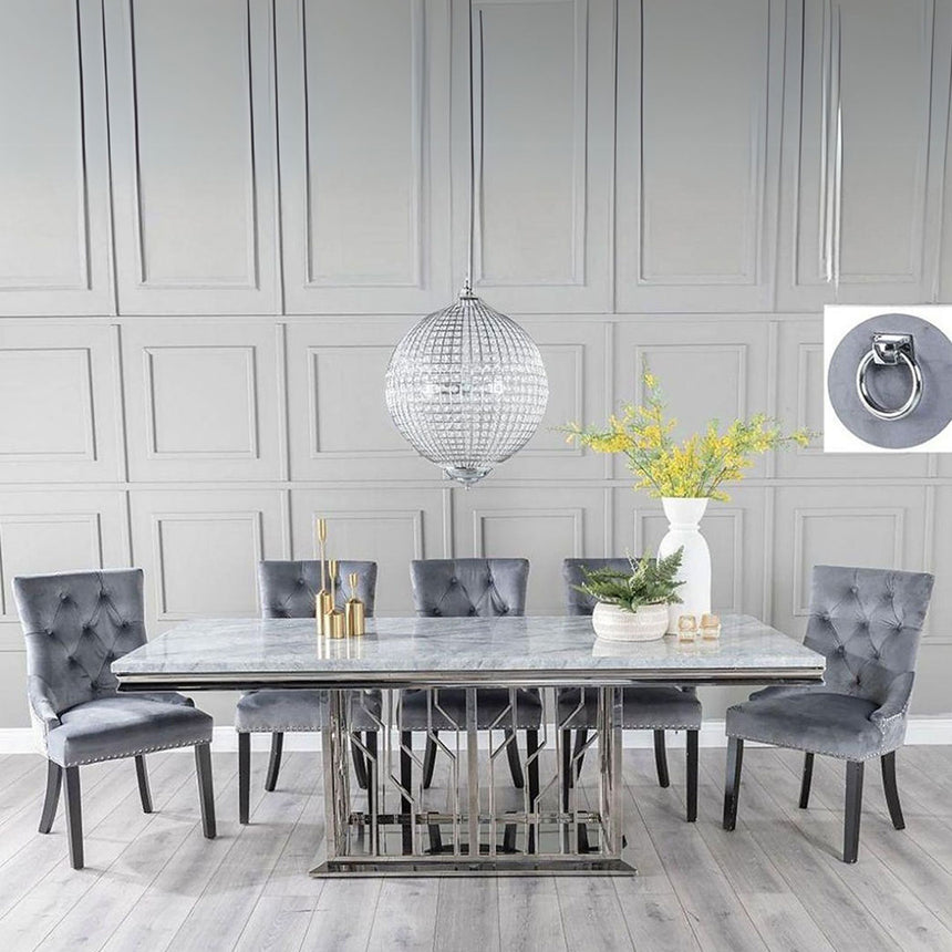 Sardinia Grey Marble and Chrome Dining Set - Grey Fabric Knocker Back Chairs