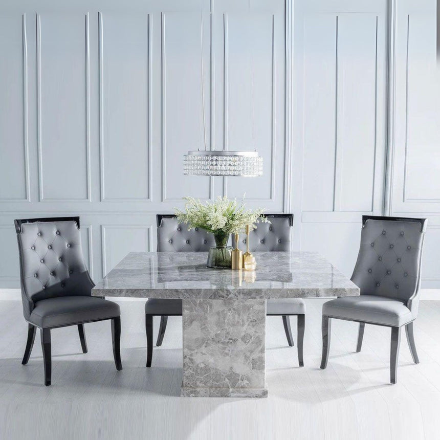 Ruvo 140cm Square Grey Marble Dining Set - Modica Grey Faux Leather Chairs