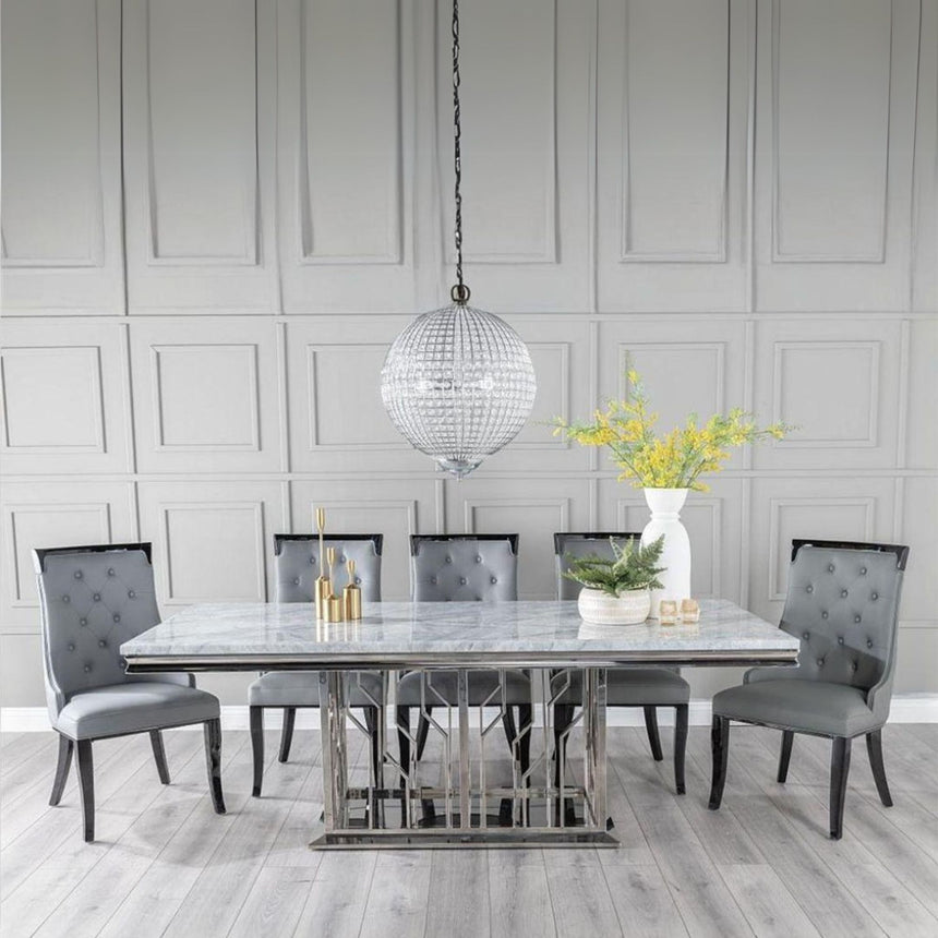 Sardinia Grey Marble and Chrome Dining Set - Modica Grey Faux Leather Chairs