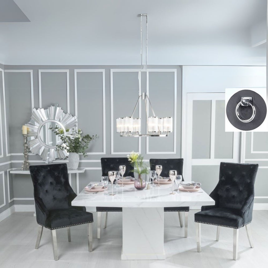 Giovanni 140cm White Marble Square Dining Set - Black Fabric Knockerback Chairs